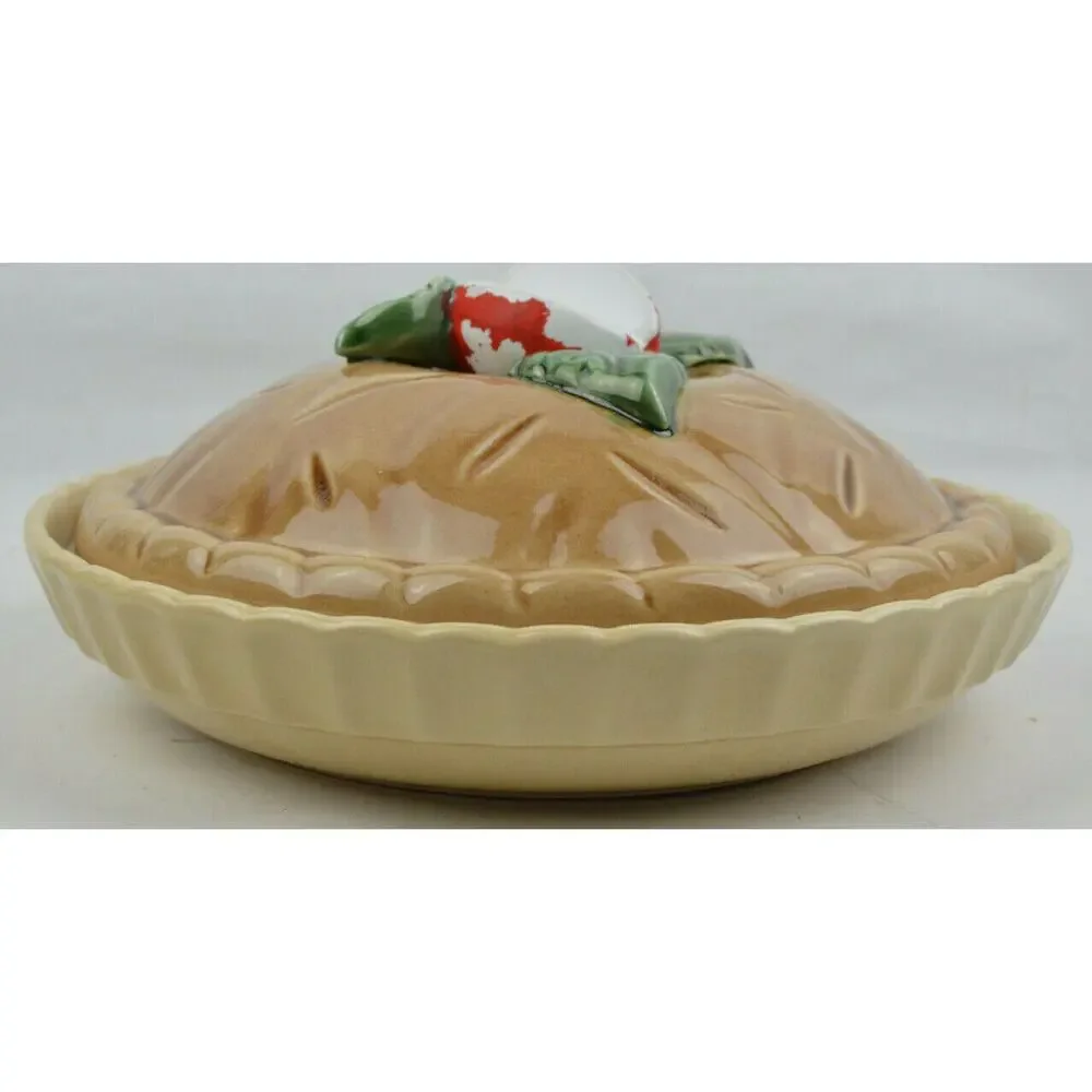 Vintage Ceramic Apple Pie Keeper Strawberry Covered Pie Dish 11x3 Brown Lid 3D